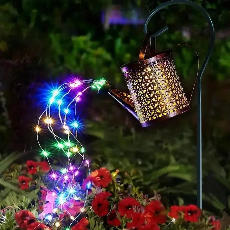 Linterna de Metal Retro grande, regadera Solar, luces de ducha impermeables para exteriores, Hada LED de estrella colgante para decoración de jardín