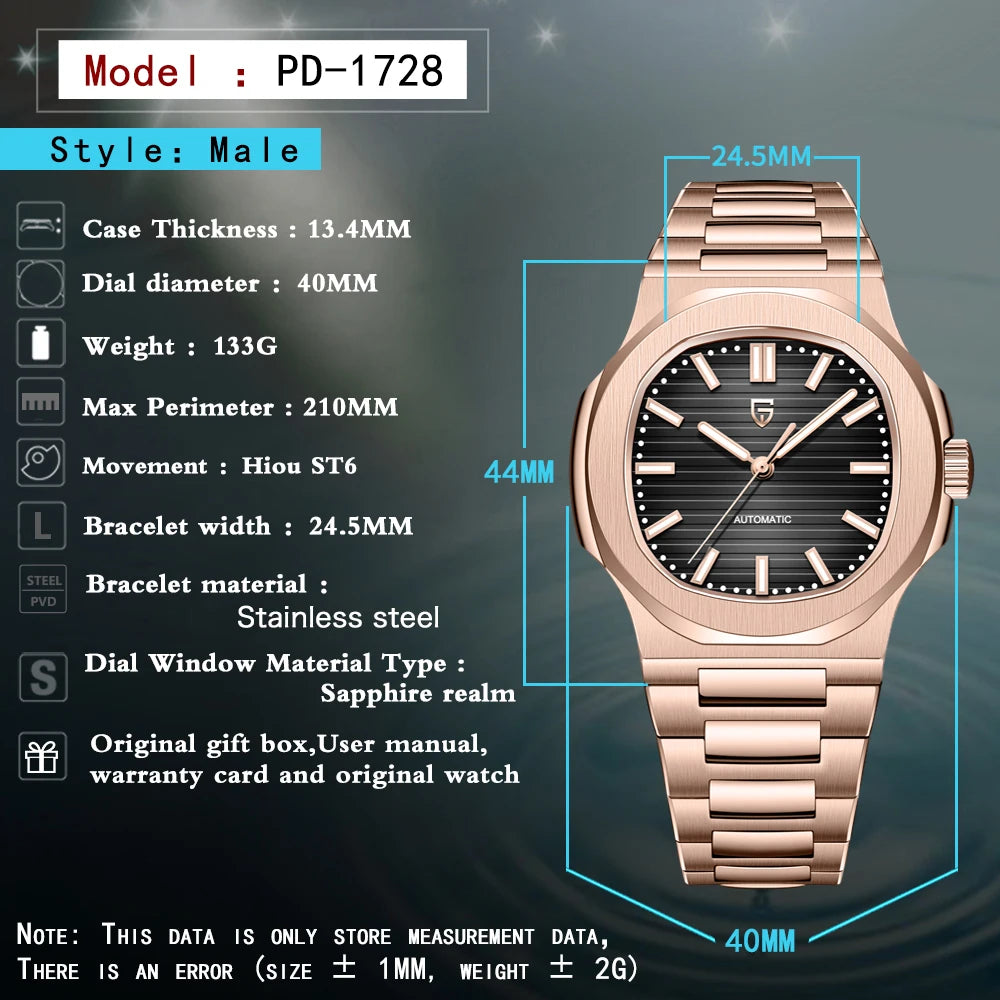 Pagani Design PD-1728 Men’s Automatic Watch – Rose Gold, Sapphire Crystal, 100M Water Resistant