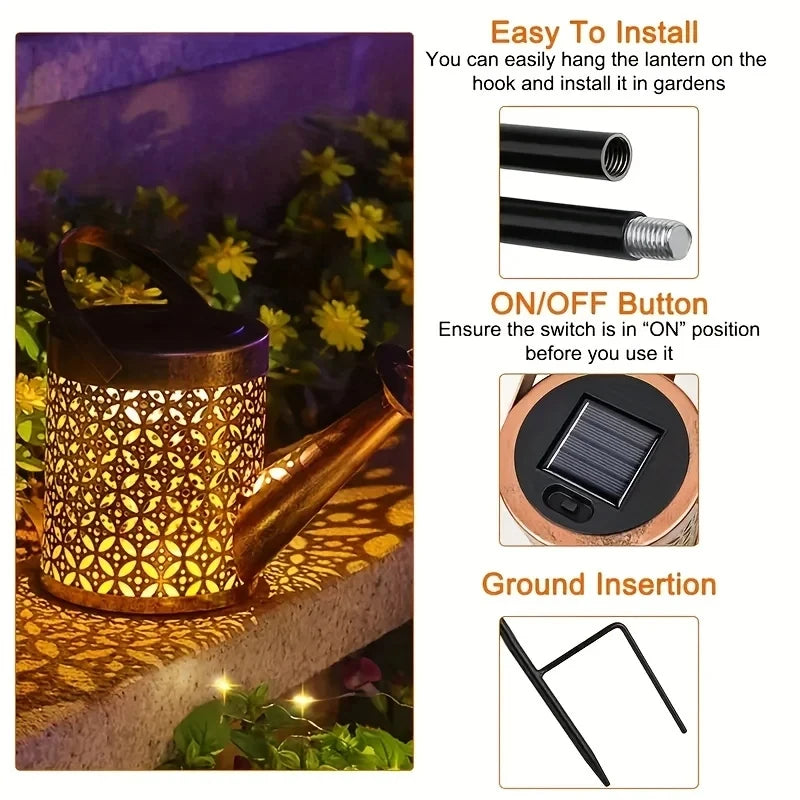 Linterna de Metal Retro grande, regadera Solar, luces de ducha impermeables para exteriores, Hada LED de estrella colgante para decoración de jardín