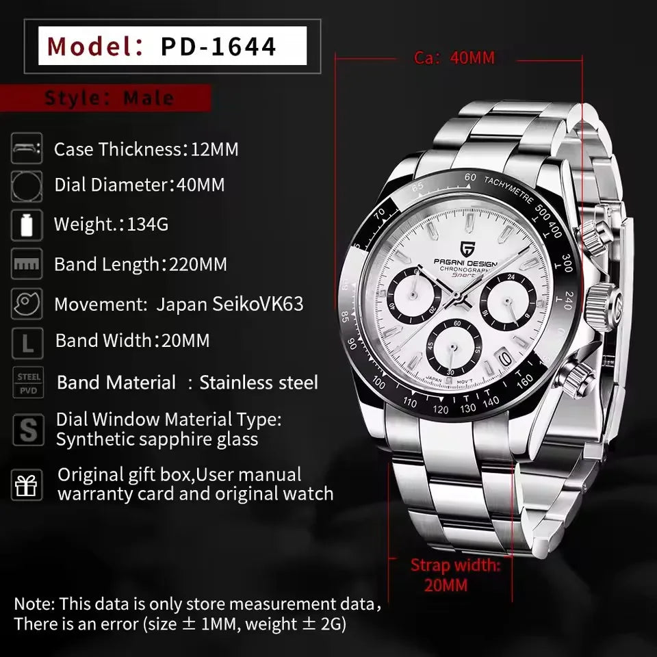 Pagani Design Men's Quartz Chronograph Watch – Sapphire Crystal, 100M Water Resistant, Stainless Steel