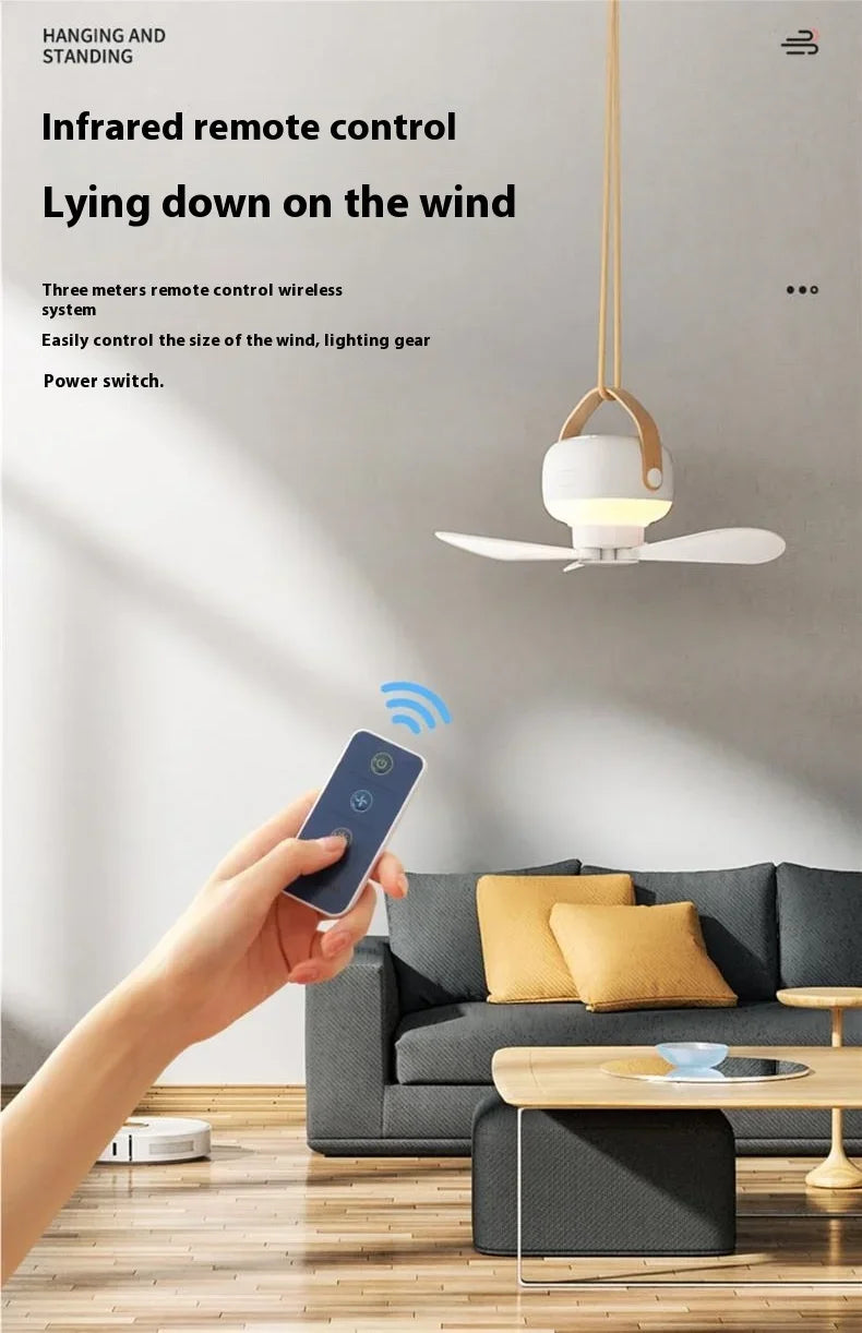 Ventiladores de techo portátiles, ventilador eléctrico LED recargable, lámpara de noche para el hogar, tienda de campaña al aire libre, ventilador colgante con Control remoto