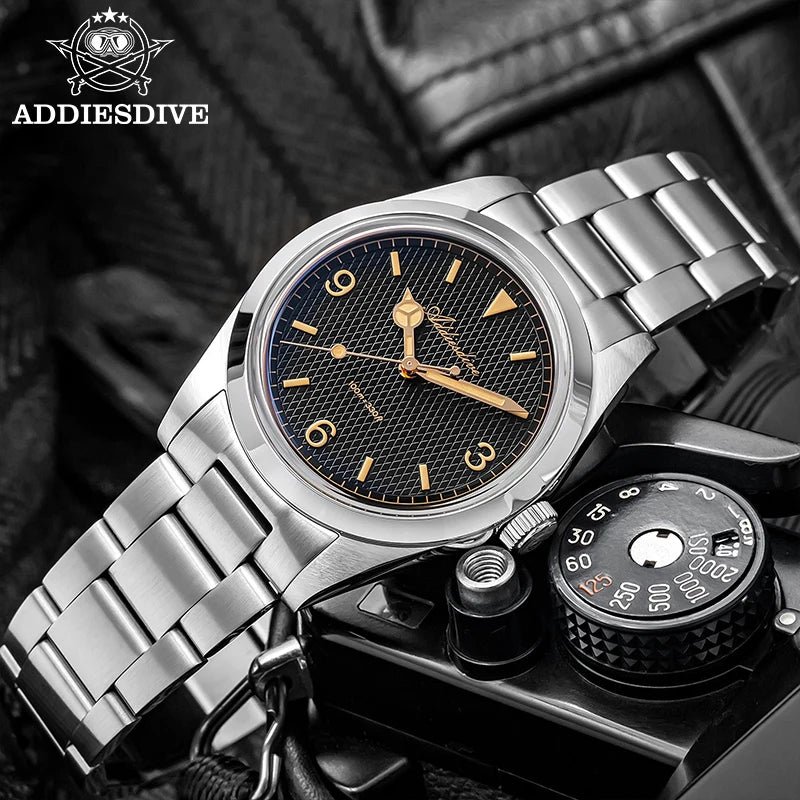 ADDIESDIVE AD2096 Men’s Quartz Watch – Bubble Mirror Glass, 100M Water Resistant, Stainless Steel