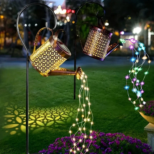 Linterna de Metal Retro grande, regadera Solar, luces de ducha impermeables para exteriores, Hada LED de estrella colgante para decoración de jardín