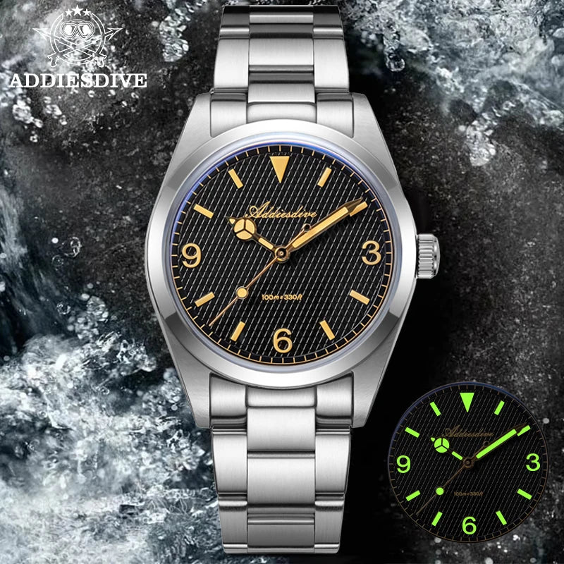 ADDIESDIVE AD2096 Men’s Quartz Watch – Bubble Mirror Glass, 100M Water Resistant, Stainless Steel