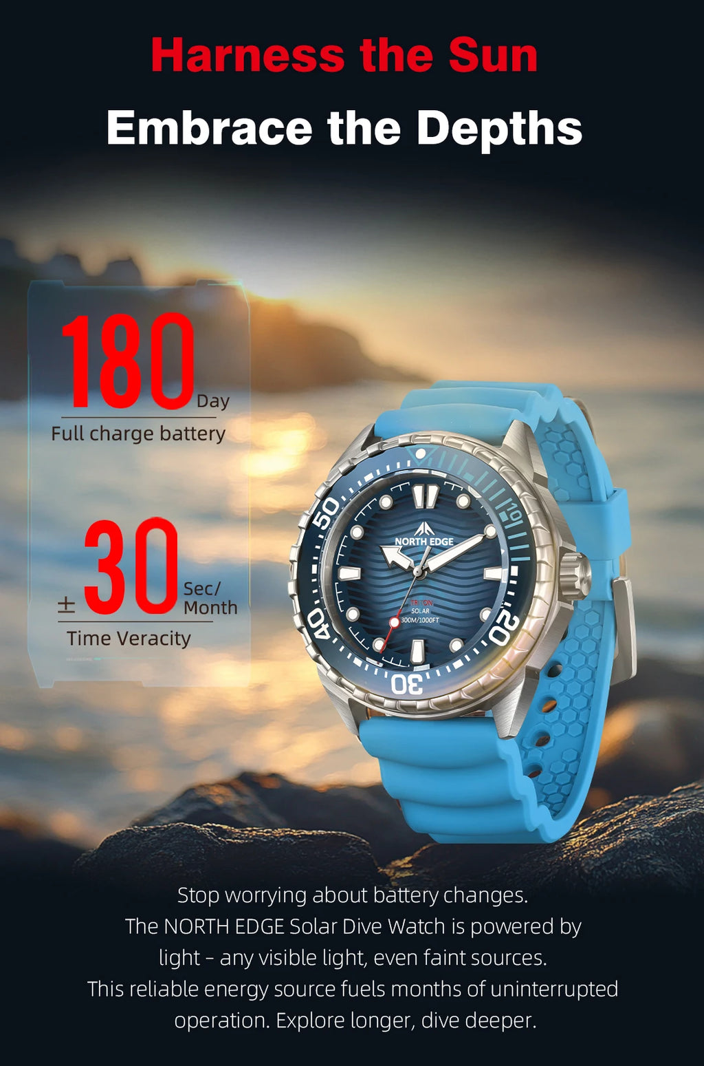 North Edge TRITON Solar Dive Watch – 300M Water Resistant, Ceramic Bezel, 316L Stainless Steel