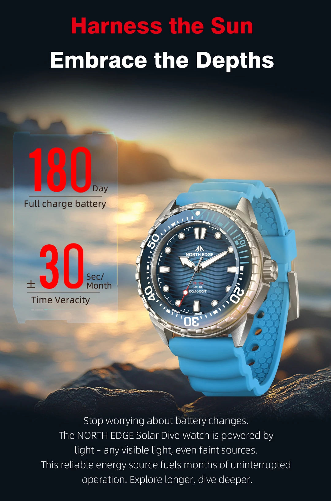 North Edge TRITON Solar Dive Watch – 300M Water Resistant, Ceramic Bezel, 316L Stainless Steel