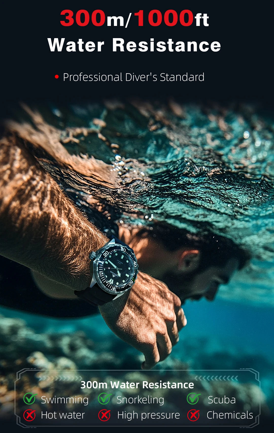 North Edge TRITON Solar Dive Watch – 300M Water Resistant, Ceramic Bezel, 316L Stainless Steel