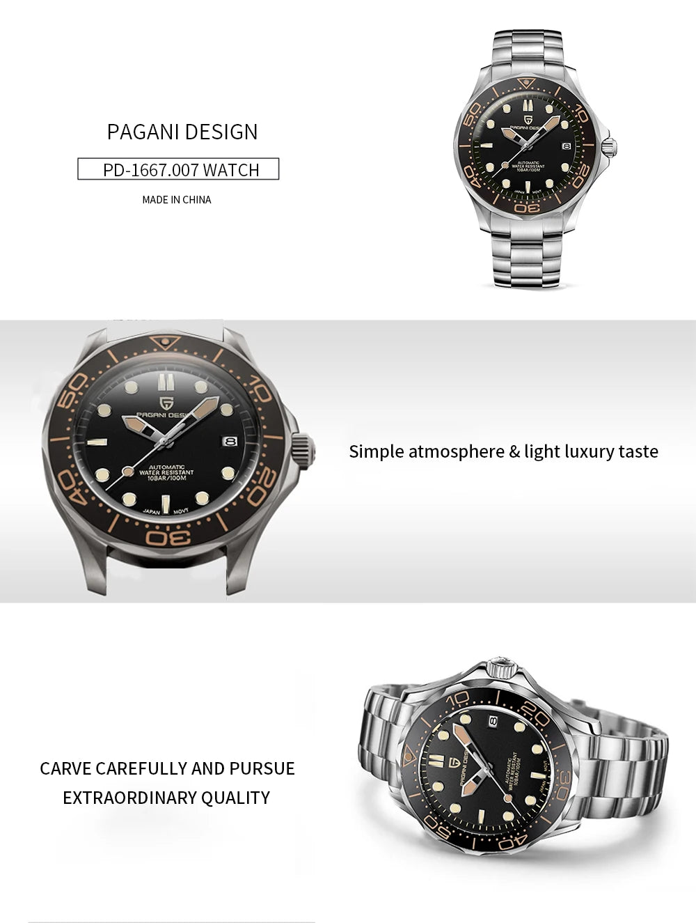 Pagani Design PD-1667 Men’s Automatic Watch – Ceramic Bezel, Sapphire Crystal, 100M Water Resistant