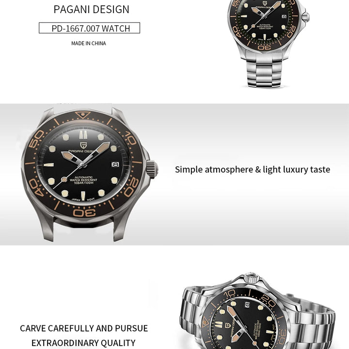 Pagani Design PD-1667 Automatic Watch – Ceramic Bezel, Sapphire Crystal