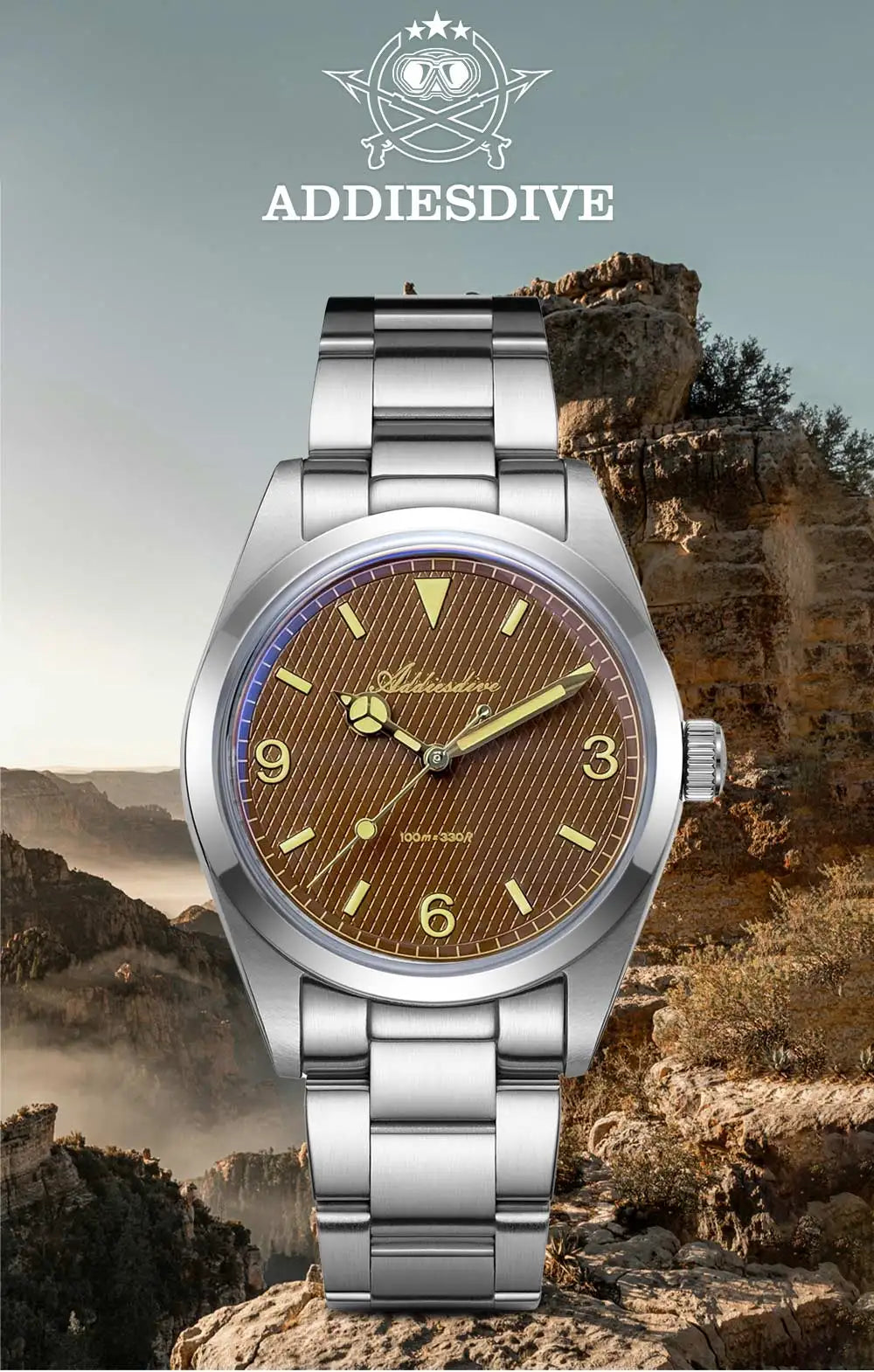 ADDIESDIVE AD2096 Men’s Quartz Watch – Bubble Mirror Glass, 100M Water Resistant, Stainless Steel