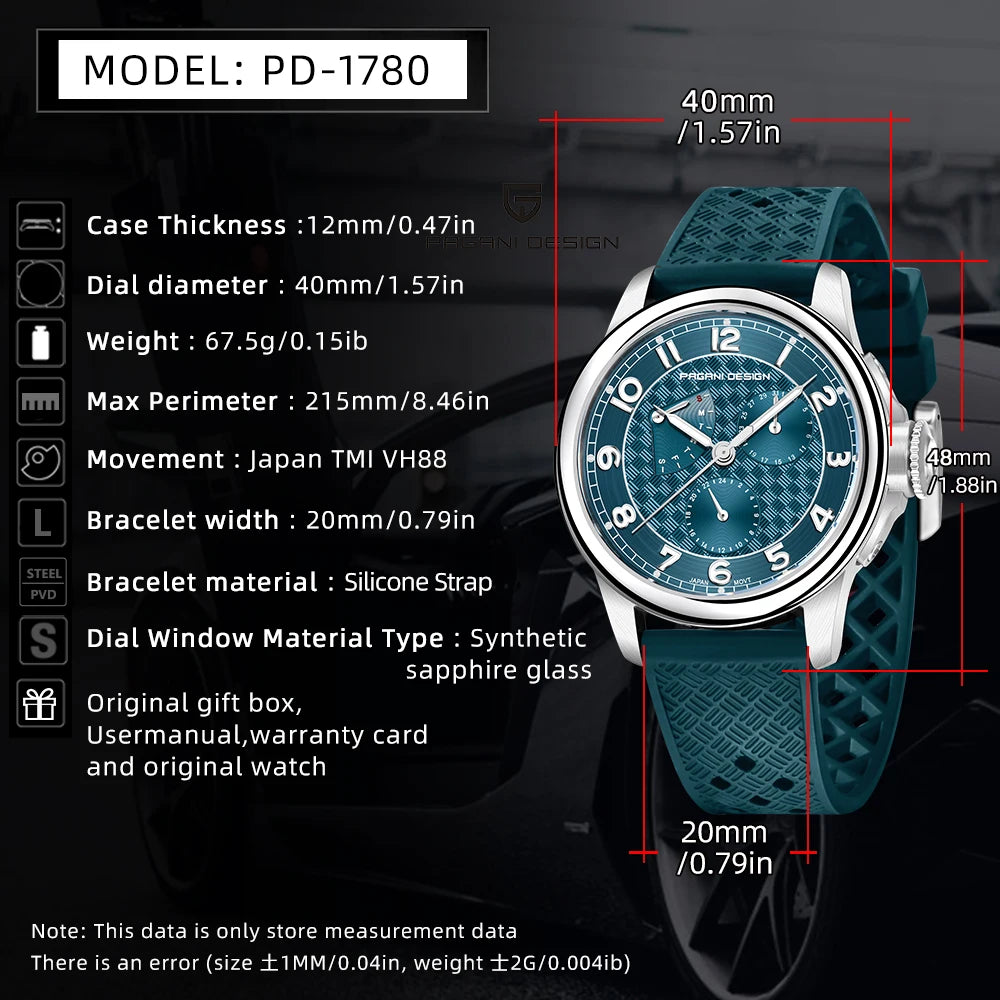 Pagani Design PD-1780 Men’s Quartz Watch – VH88 Movement, Ceramic Bezel, Sapphire Crystal, 100M Water Resistant