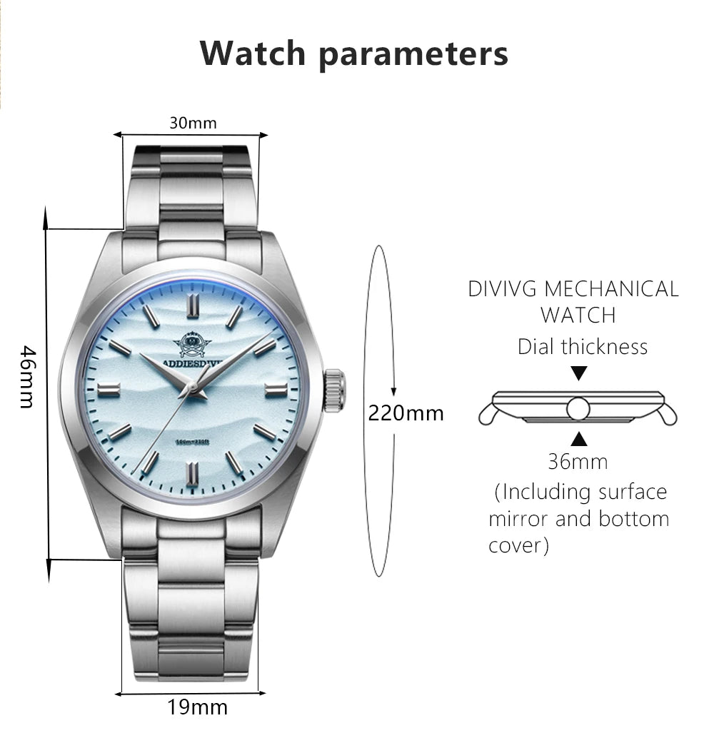 ADDIESDIVE AD2030 Men’s Quartz Dress Watch – 3D Sand Dial, 100M Water Resistant, Stainless Steel