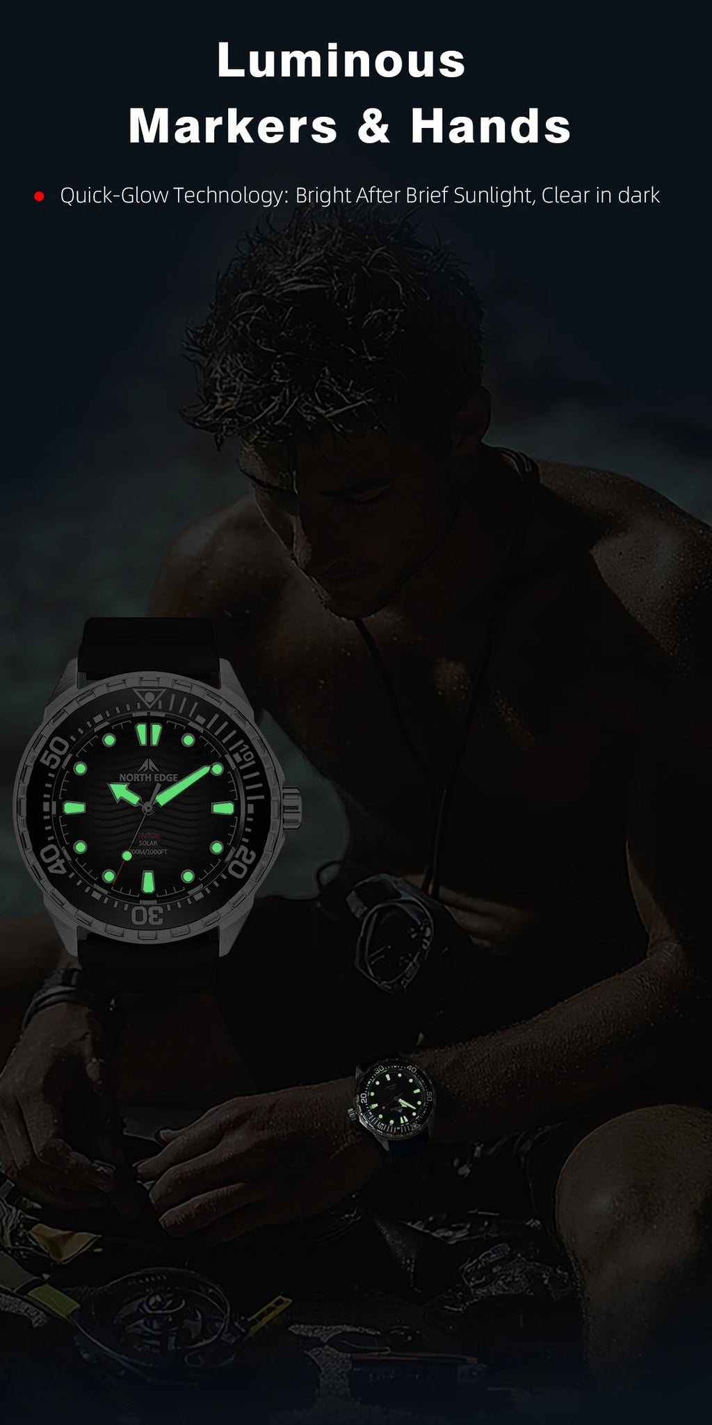 North Edge TRITON Solar Dive Watch – 300M Water Resistant, Ceramic Bezel, 316L Stainless Steel