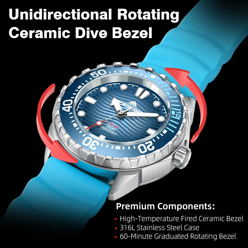 North Edge TRITON Solar Dive Watch – 300M Water Resistant, Ceramic Bezel, 316L Stainless Steel