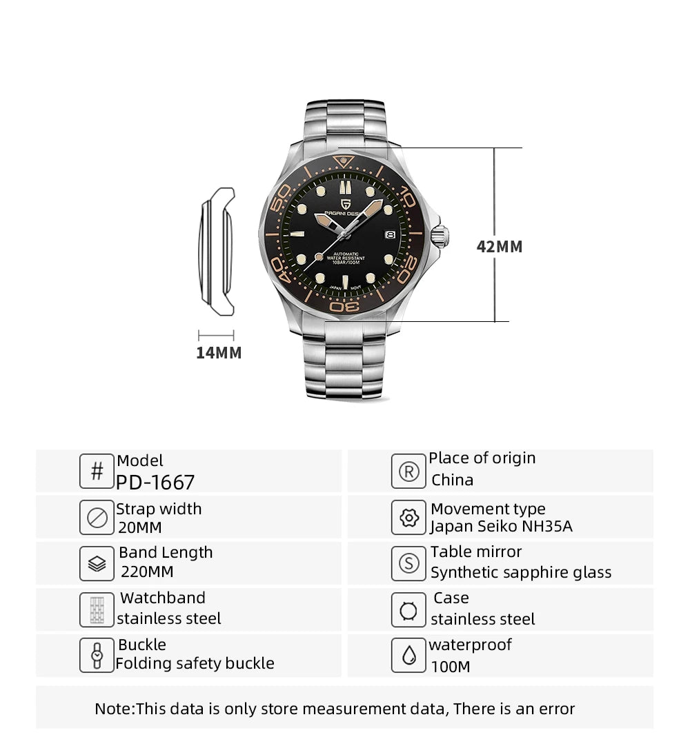 Pagani Design PD-1667 Men’s Automatic Watch – Ceramic Bezel, Sapphire Crystal, 100M Water Resistant