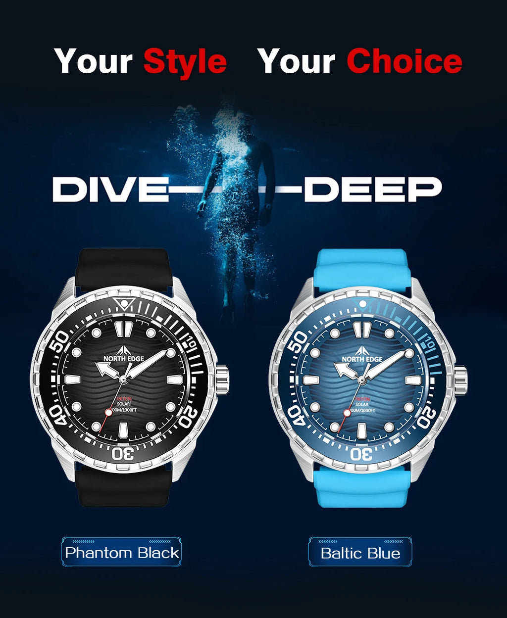 North Edge TRITON Solar Dive Watch – 300M Water Resistant, Ceramic Bezel, 316L Stainless Steel