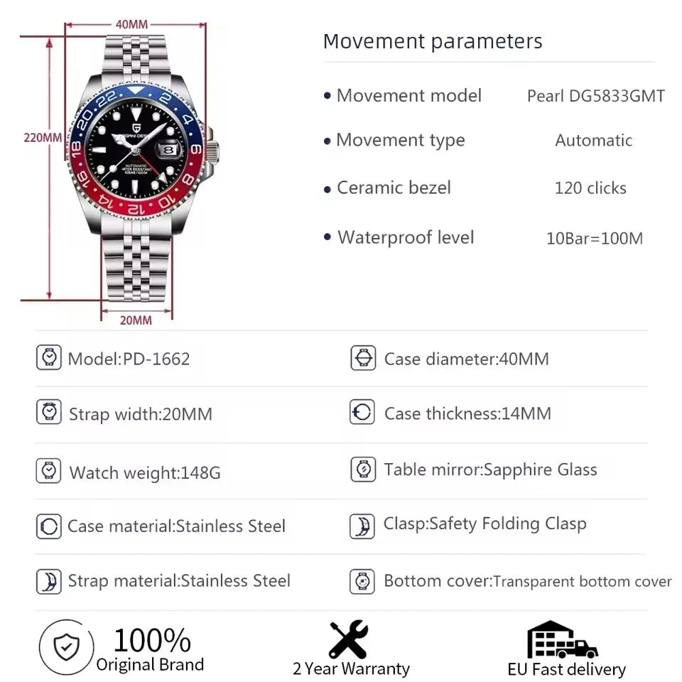 Pagani Design PD-1662 Men’s GMT Automatic Watch – 40mm, Sapphire Crystal, 100M Water Resistant