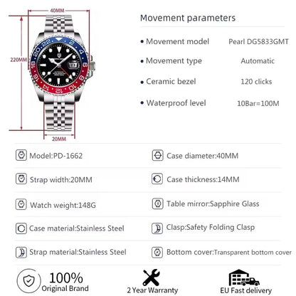 Pagani Design PD-1662 Men’s GMT Automatic Watch – 40mm, Sapphire Crystal, 100M Water Resistant
