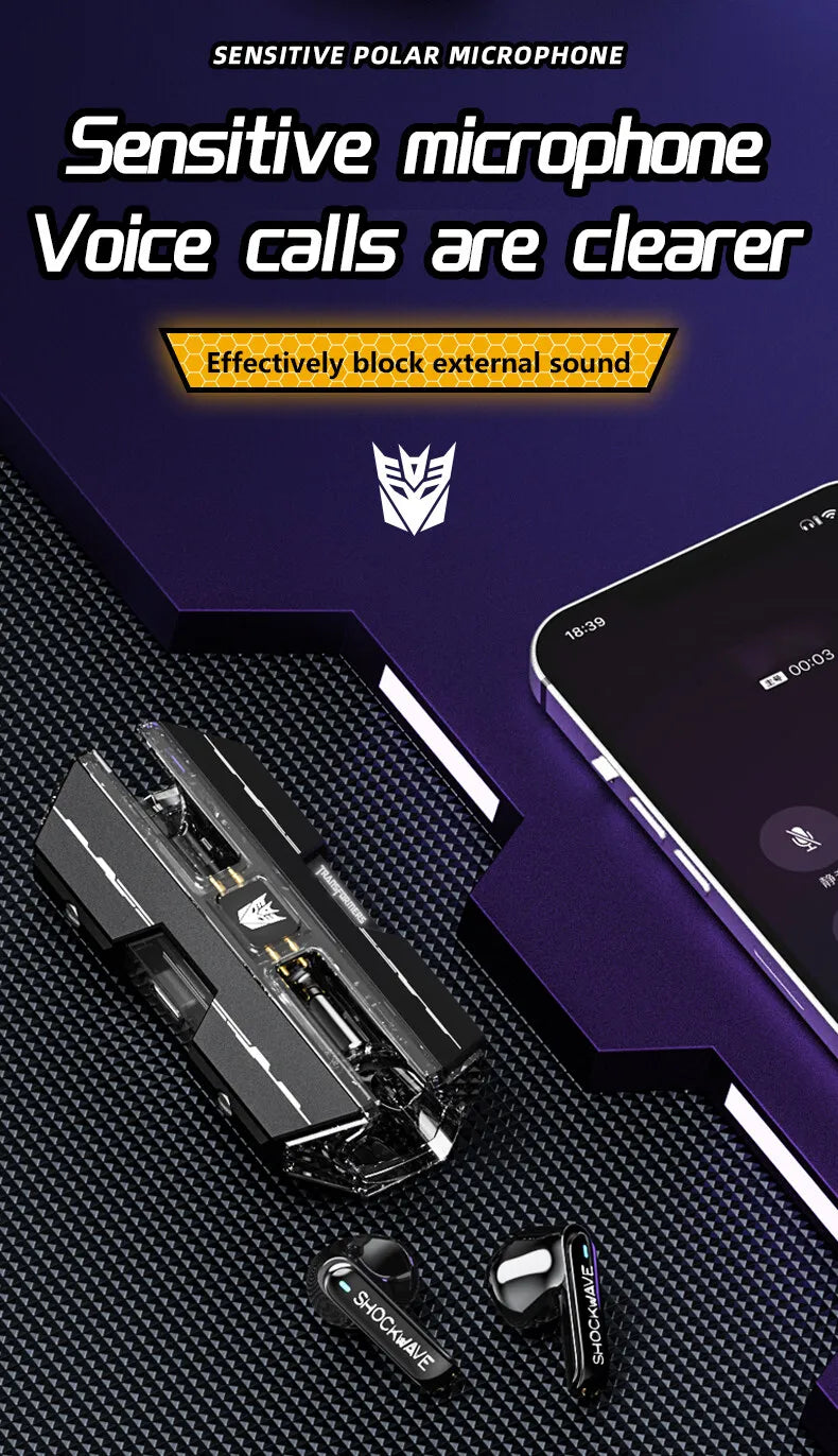 Auriculares Gamer TWS TF-T01 con Bluetooth 5.3, Cancelación de Ruido y Micrófono – Diseño Transformers