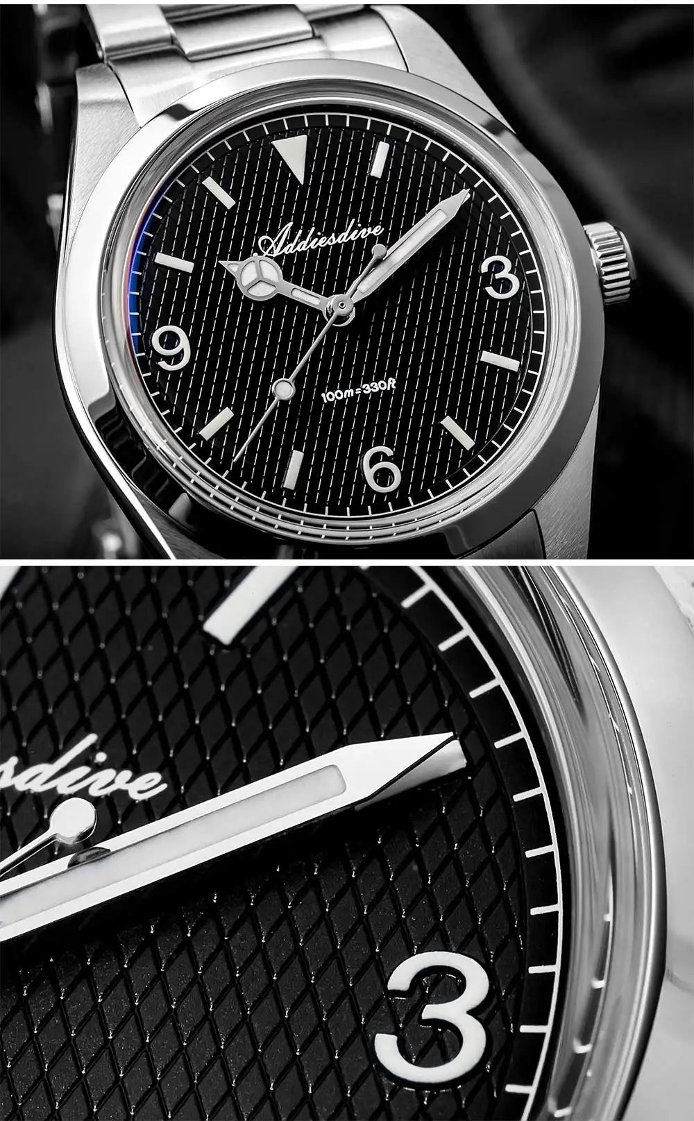 ADDIESDIVE AD2096 Men’s Quartz Watch – Bubble Mirror Glass, 100M Water Resistant, Stainless Steel