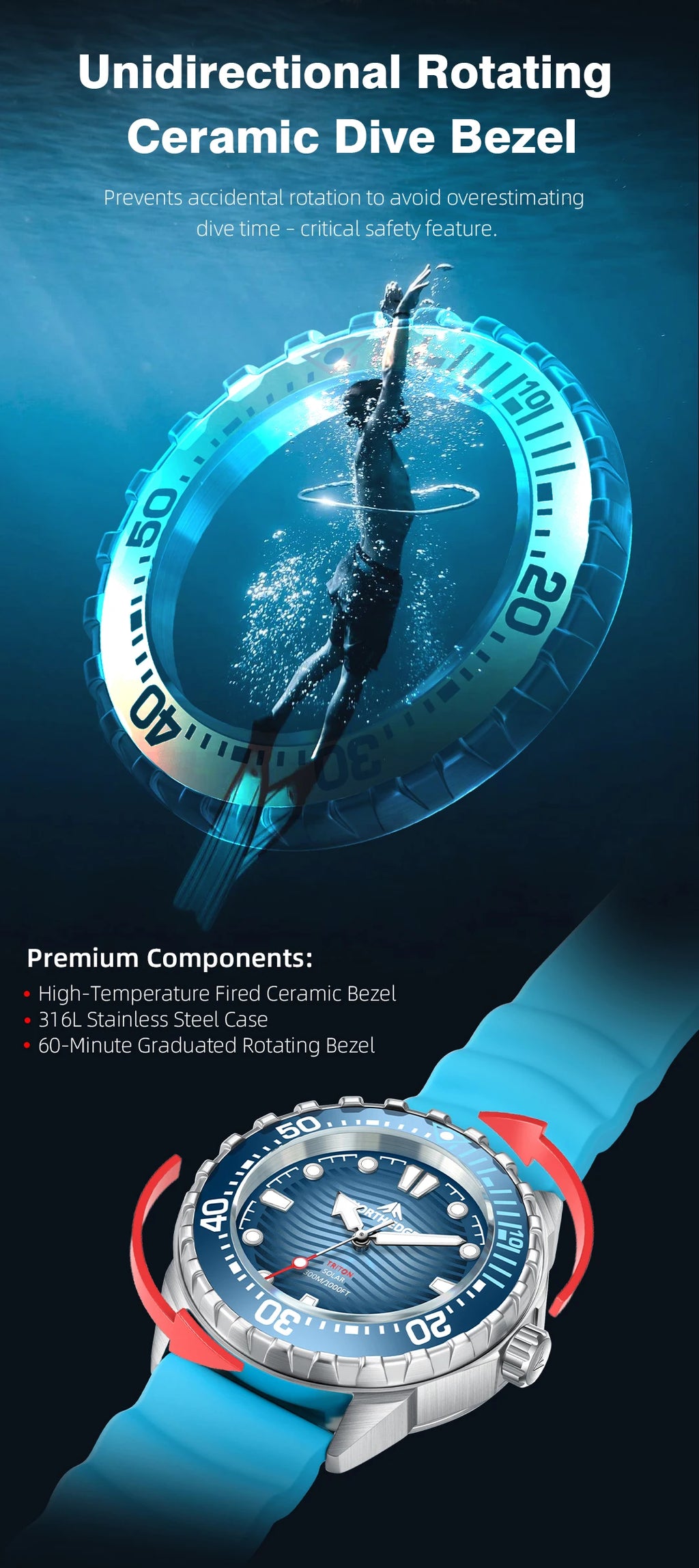 North Edge TRITON Solar Dive Watch – 300M Water Resistant, Ceramic Bezel, 316L Stainless Steel