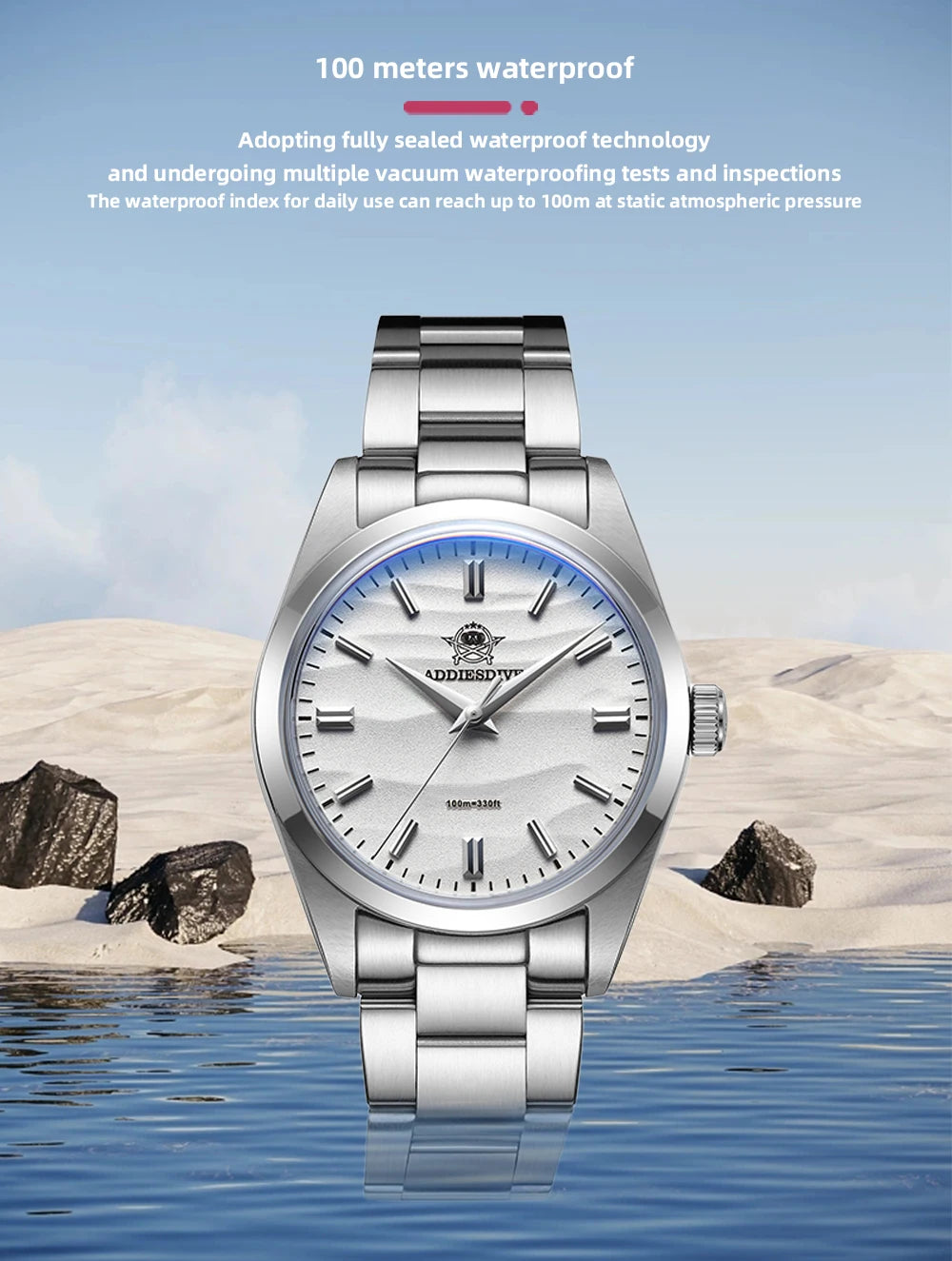ADDIESDIVE AD2030 Men’s Quartz Dress Watch – 3D Sand Dial, 100M Water Resistant, Stainless Steel