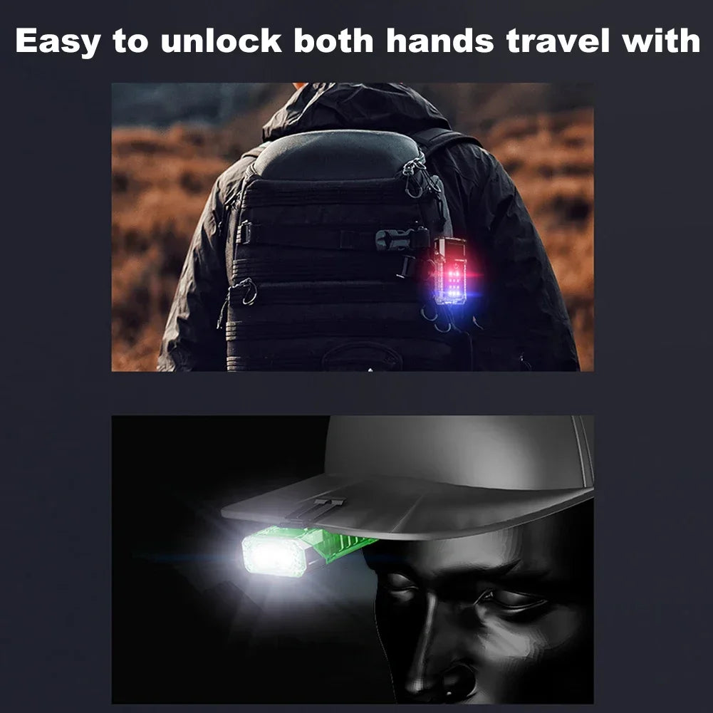 Luz LED giratoria con Clip para sombrero, luz de trabajo portátil con carga USB, pantalla de potencia, potente linterna pequeña para acampar, pescar y caminar