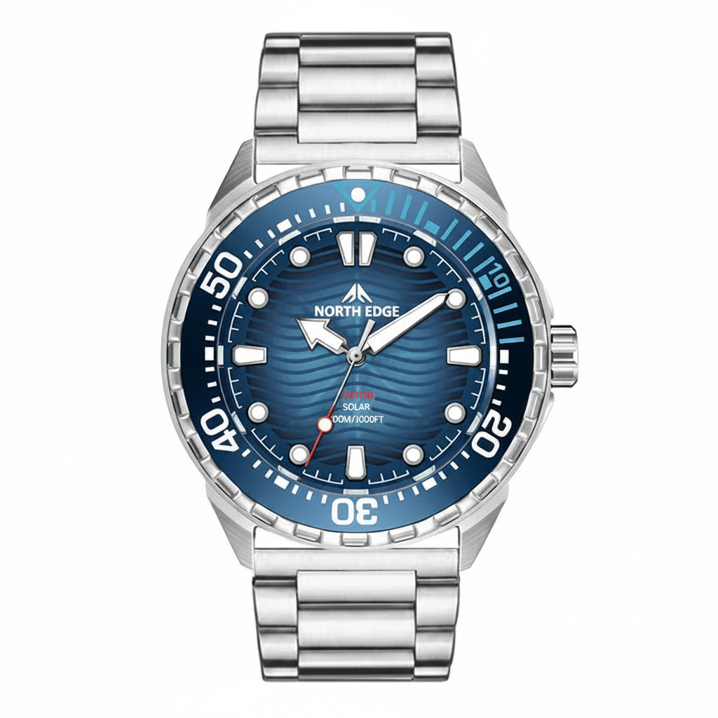 NORTH EDGE TRITON-TI Titanium Stainless Solar-Powered Diving Watch Luxury Quartz Watches For Men 300M Waterproof 180+ Day Power