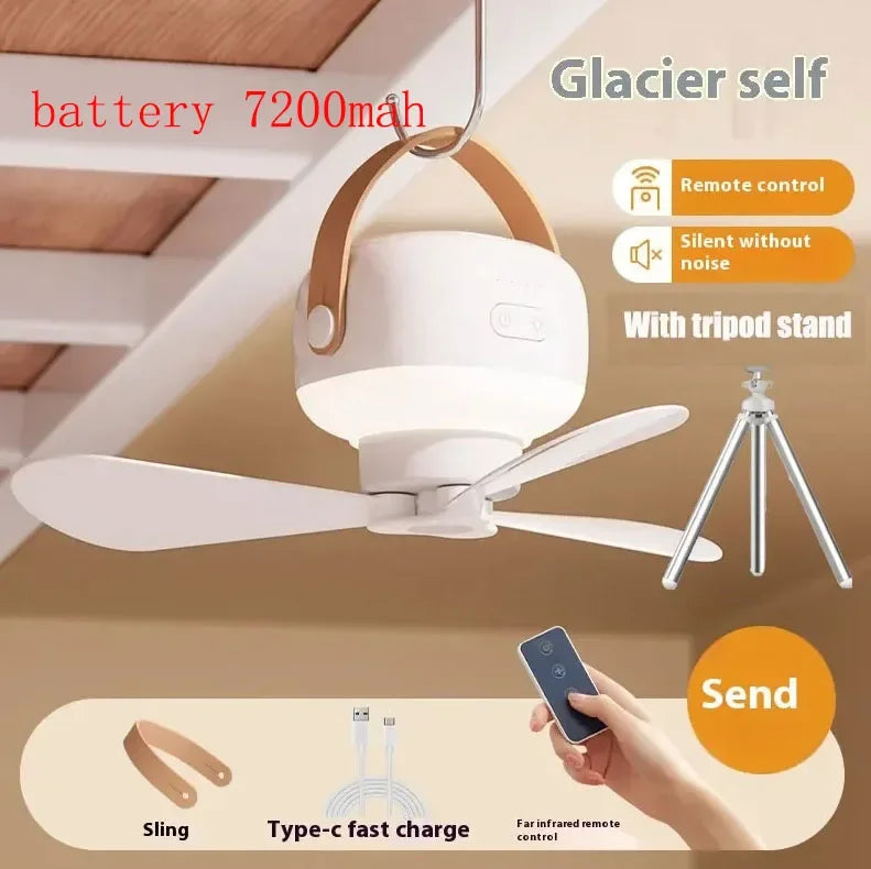 Ventiladores de techo portátiles, ventilador eléctrico LED recargable, lámpara de noche para el hogar, tienda de campaña al aire libre, ventilador colgante con Control remoto