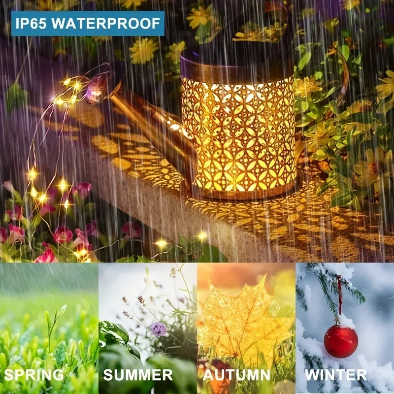 Linterna de Metal Retro grande, regadera Solar, luces de ducha impermeables para exteriores, Hada LED de estrella colgante para decoración de jardín