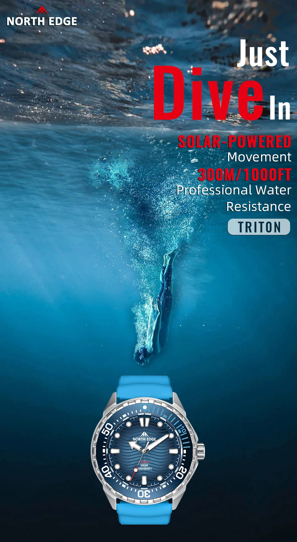 North Edge TRITON Solar Dive Watch – 300M Water Resistant, Ceramic Bezel, 316L Stainless Steel