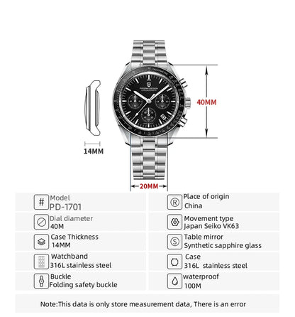 Pagani Design PD-1701B V5 Men’s Chronograph Watch – Moonwatch Tribute, Sapphire Crystal, 100M Water Resistant