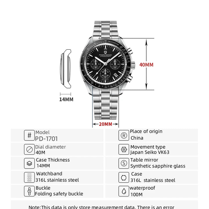 Pagani Design PD-1701B Chronograph Watch – Moonwatch Tribute, Sapphire Crystal