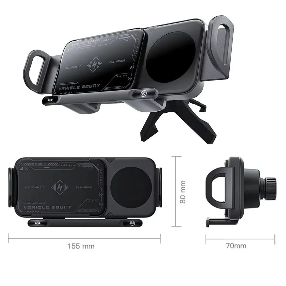 Soporte para teléfono móvil/almohadilla inteligente, soporte magnético para teléfono para coche, soporte para teléfono giratorio automático 2 en 1, cargador inalámbrico para coche