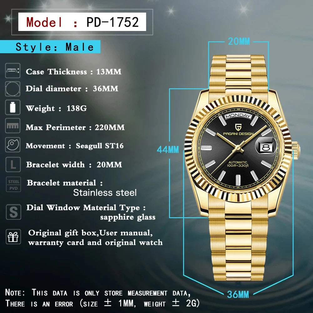 Pagani Design DD36 Men’s Automatic Watch – Seagull ST16 Movement, Sapphire Crystal, 100M Water Resistant