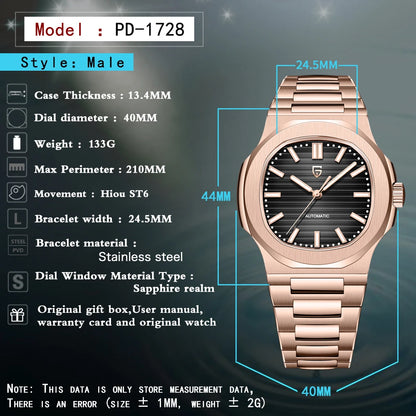 Pagani Design PD-1728 Men’s Automatic Watch – Rose Gold, Sapphire Crystal, 100M Water Resistant