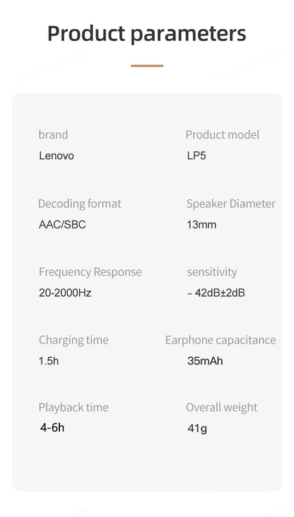 Lenovo-auriculares inalámbricos LP5, audífonos de música HiFi con Bluetooth, micrófono, deportivos, resistentes al agua, 100% originales, novedad de 2021