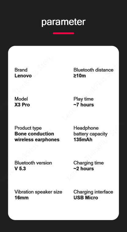 Lenovo-auriculares de conducción ósea X3 Pro, cascos inalámbricos con gancho para la oreja, Bluetooth, Hifi, con micrófono, resistentes al agua