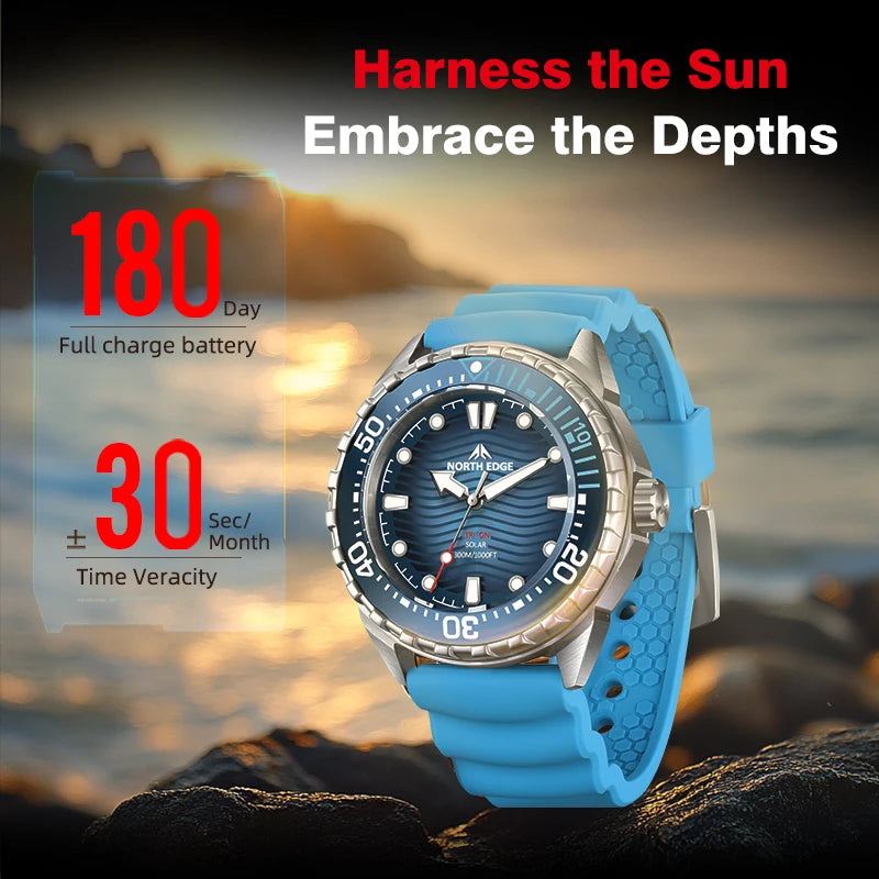 North Edge TRITON Solar Dive Watch – 300M Water Resistant, Ceramic Bezel, 316L Stainless Steel