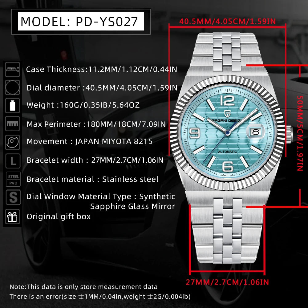 Pagani Design YS027 Men’s Automatic Watch – 3D Rhombus Dial, Miyota 8215, Sapphire Crystal, 100M Water Resistant