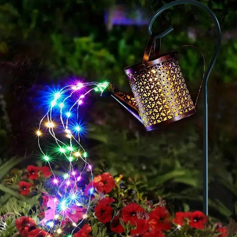 Linterna de Metal Retro grande, regadera Solar, luces de ducha impermeables para exteriores, Hada LED de estrella colgante para decoración de jardín